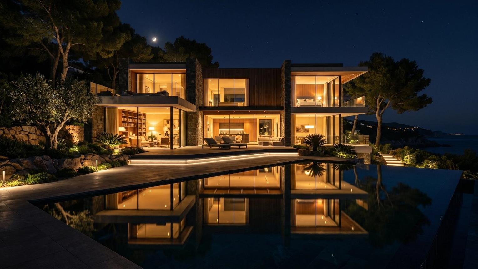 Modern villa with an illuminated pool, representing a completed home purchase