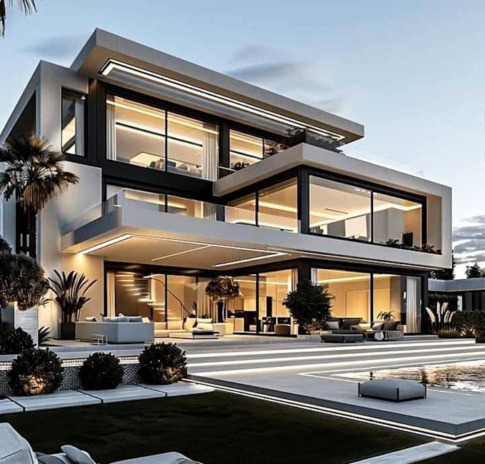 Contemporary villa with glass balconies and a private pool at dusk