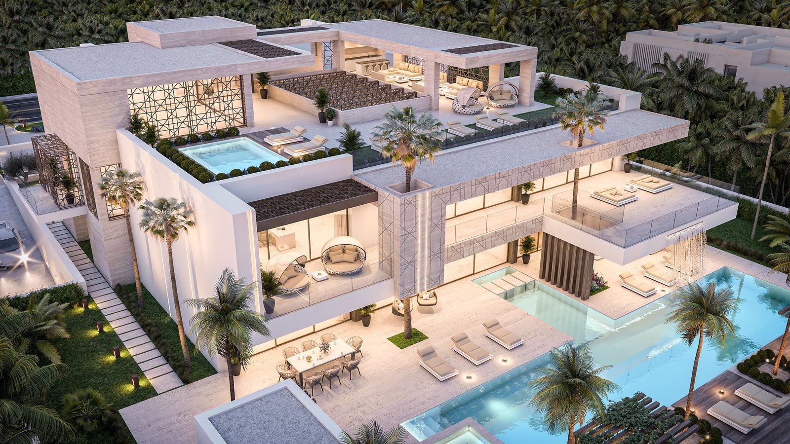 Aerial view of a luxury rooftop terrace with pool and lounge area